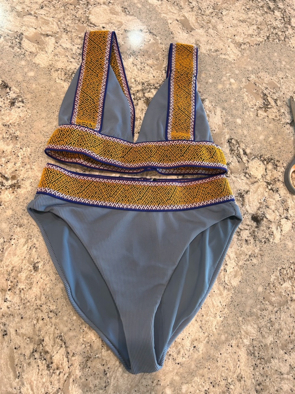 Ribbed Slate Blue One-Piece Bikini with Yellow Patterned Trim